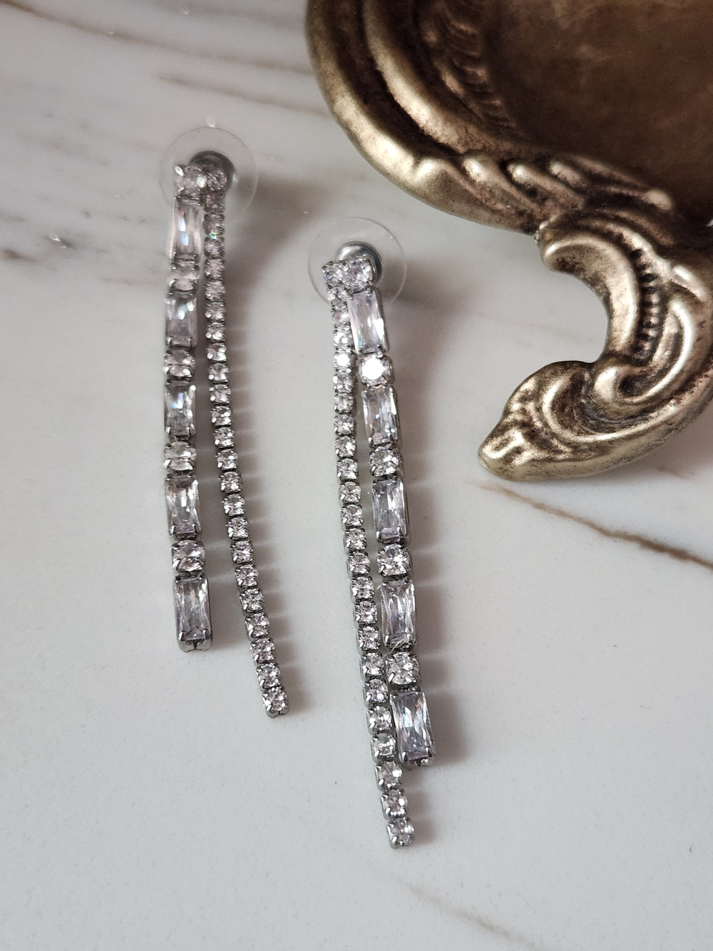Silver Crystal Drop Earrings - Elegant Linear Dangle